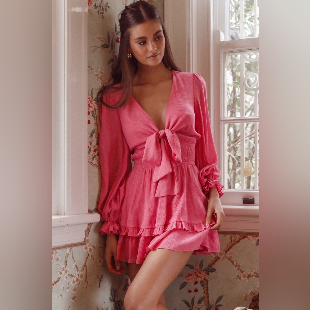 ANTHEA BOW-TIE FRONT LAYERED FRILL DRESS HOT PINK